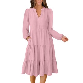 ANRABESS Womens Fall Midi Dresses Long Sleeve V Neck Swing Tiered Work Business Casual 2025 Flowy Beach Vacation Dress Bright Pink X-Large