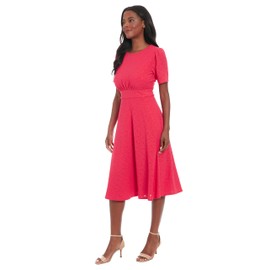 London Times Women's Dresses Women's Eyelet Midi A-Line Dress with Puff Sleeves - Gathered Waist Empire Cut - Wedding Guest Dress, Rose Red, 4