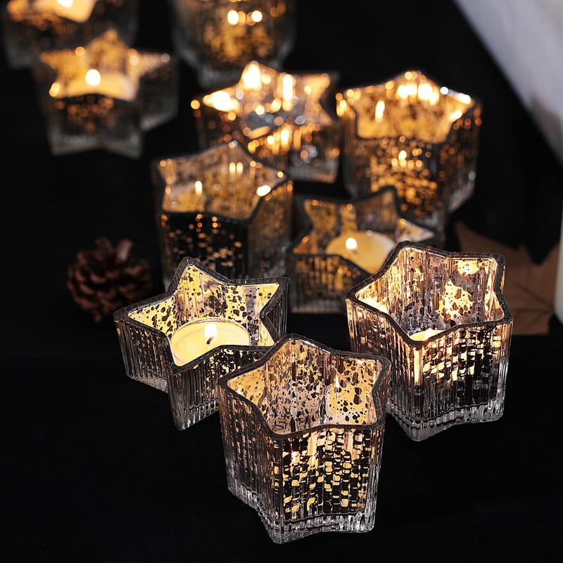 Letine 10pcs Silver Ribbed Star Candle Cups - Assorted Height