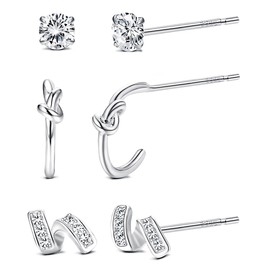 Sllaiss 3 Pairs Sterling Silver Cubic Zirconia Stud Earrings for Women Knot Earrings Zirconia Stud Earrings Set White Gold Cartilage Earrings, Sterling Silver Cubic Zirconia, Cubic Zirconia