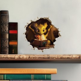 Dragon Parent and Child Reading in Wall Hole Decal - Mouse Hole 3D Wall Sticker