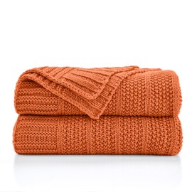 Douceur Rust Orange Throw Blanket for Bed, Soft Cozy Lightweight Stripe Pattern Knitted Throw Blanket for Sofa, Living Room Gift, 60"X80"