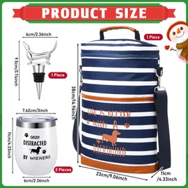 Pickmesh Dachshund Lover Gifts for Women Men Wiener Dog Gifts Set Dachshund Insulated Wine Tote Bag with Wine Stopper Tumblers Wine Cooler Bag Wine Carrier Tote(Blue, White)