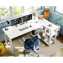 Casaottima L Shaped Computer Desk, 55 Inch Small Corner Desk with Storage Shelves & PC Stand, Reversible Gaming Desk for Bedroom, Modern Writing Study Table for Home Office, White