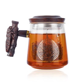 Glass Tea Cup with Infuser and Lid Heat-Resistant Wooden Handle 18.6oz/550ml Tea Infuser Mug, Microwave Safe Teacup with Filter for Loose Leaf Tea Leak-Proof Steeping Cup with Strainer