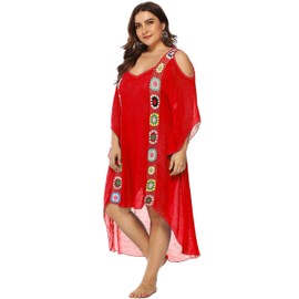 Chrisuno Bikini Cover Up Beach Coverups Kaftan Dresses for Women Swim Suit Coverup Bathing Long Swimsuit Resort Wear Summer Red 3XL