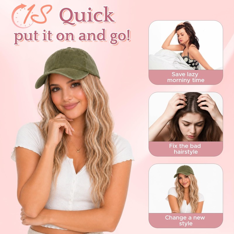 Hat Wigs, Hat with Hair Attached for Women Green 18"