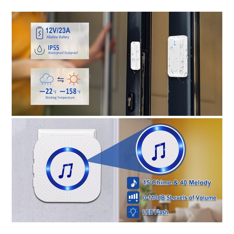 Wireless Magnetic Door Sensor 600Ft Operating Range 58 Chimes Adjustable