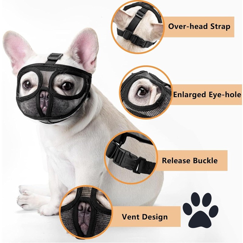 French Bulldog Muzzlem, Short Snout Dog Muzzle Adjustable Breathable Mesh