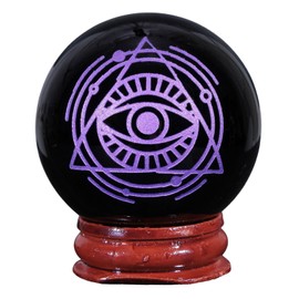 KYEYGWO Obsidian Crystal Ball Decoration with Carved Eye of Providence Pattern, Round Stone Ball Figure with Wooden Stand, Healing Stone Sphere Ornament, Gemstone Fortune Telling Ball, Purple