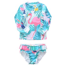 Aisyee Baby Girls Rash Guard Swimsuits Set for Girls Long Sleeve Bathing Suits with Bikini Bottom Two Piece Swim Set Hawaiian Flamingo 6-12 Months