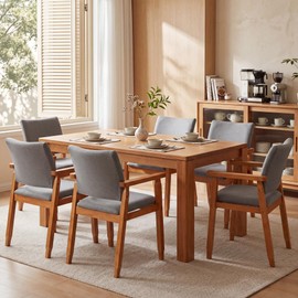 GOTMINSI Mid-Century Modern Linen Dining Chair with Arms, Solid Wood Frame, 320 lbs Weight Capacity, Upholstered Accent Chair for Kitchen Dining Room Living Room (Grey,1pc)