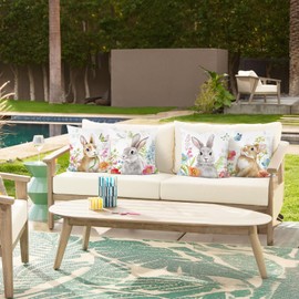 Bonhause Bunny Flower Cushion Covers 45 x 45 cm Grey Brown Rabbit Floral Decorative Throw Pillow Covers for Sofa Couch Bed Home Garden Patio Decor Set of 4