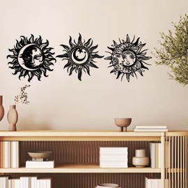 YATEASLU Sun & Moon Wall Decor Set,3-Piece Boho Metal Wall Art,Independent Sun Wall Art & Moon Decor for Indoor Outdoor