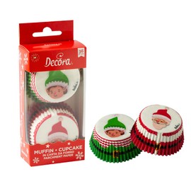 Decora, 0339903, Confezione da 36 Pirottini Tematici, Babbo Elfo, Comodissimi Pirottini per Cuocere, Presentare e Regalare Muffin, Resistono fino a 220°, In comodo Blister, Dimensione ø 50 x 32 cm