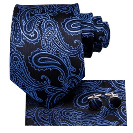 Hi-Tie Conjunto de corbata de seda extra larga para hombre, con bolsillo para corbata, gemelos cuadrados, rayas, cachemira, sólido, azul, rojo, negro y dorado, azul marino negro, Large