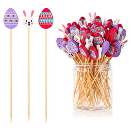 Pack of 100 Cocktail Picks, 12 cm Wooden Easter Theme Rabbit and Egg Toothpicks, Decorative Long Toothpicks, Easter Fruit Skewers for Cakes, Desserts, Food, Fruit, Easter Party Decorations