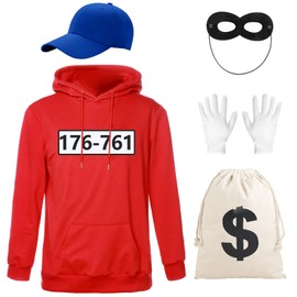 Alaiyaky Men's Bank Robber Costume, Gangster Tank Cracker Costume, Carnival Outfit with Hoodie Mask, Gloves, T-Shirt, Men's Bandit Costume, Fancy Dress & Carnival (Style A, L)