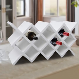 10 Cell Wine Rack, White Wall Mounted Wine Holder, Large Capacity Wood Storage Shelf, Wine Lattice Display Rack for Kitchen Home Bar Decor