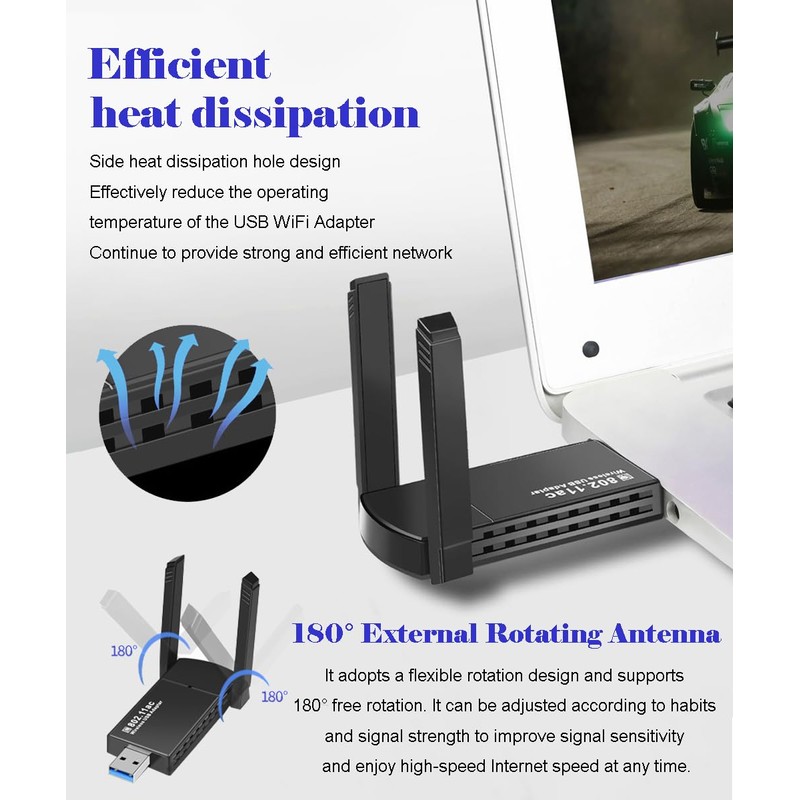 USB WiFi Adapter,1300Mbps Wireless Network Adapter,Dual Band 5GHz/2GHz,802.11AC,Two 5dBi High-Gain