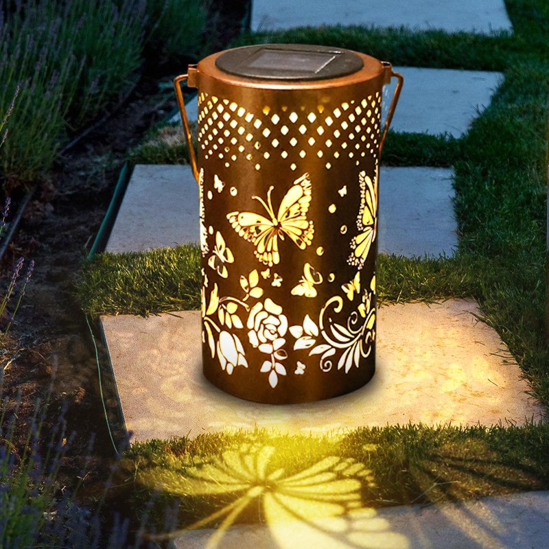 Solar Lanterns Outdoor Hanging Lanterns, Car On/Off Butterfly Hollowed Metal