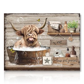 NymphFable Funny Highland Cow Wall Decor Poster Cute Cow is Bathing, Rustic Cattle Wall Poster for Farmhouse Bathroom Decor 12x16 in Unframed