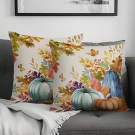 Fall Pillow Covers 18x18 Inch Blue and Green Watercolor Pumpkin Fallen Leaves Throw Pillow Cover Autumn Harvest Thanksgiving Pillowcase Linen Rustic Square Cushion Cover for Home Couch Set of 2