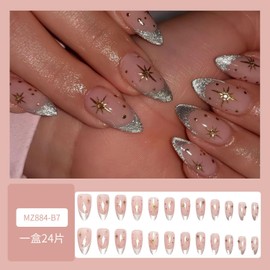 Medium Almond Press On Nails Glitter French Tip Fake Nails Star With Rhinestone Design Full Cover Glue On Nails Acrylic False Nail Cute Glossy Artificial Nail Reusable For Women 24pcs