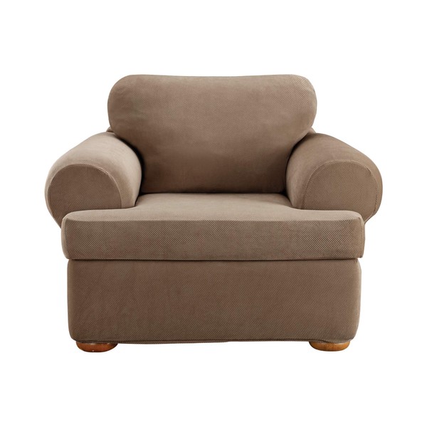 SureFit Stretch Pique 3 Piece T Cushion Chair Slipcover in Taupe