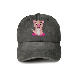 Enodtter Embroidered Pig Baseball Cap for Boy Girl Kids Child Toddler, Washed Black Embroidery Cotton Adjustable Trucker Hat Dad Hat