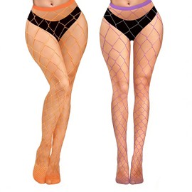 Violet Mist Womens High Waist Fishnet Tights Large Net Fishnets Stockings Colorful Sexy Pantyhose Party Stockings Hollow Out Fashion Mesh Tights 2 Pack, Purple + Orange
