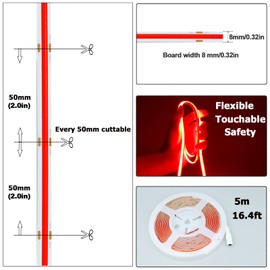 KXZM 24V COB LED Strip Light Red 5M/16.4ft 2400LEDs Uniform Glow Flexible IP20 Not Waterproof LED Tape Lights for DIY Cabinet Bedroom Kitchen Home Decor(No Power Supply)