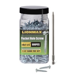 Pocket Hole Screws, LIONMAX Wood Screws #8 x 1-1/4" 600PCS Washer Head with Coarse Thread, Square Drive Self Tapping, for Indoor Use, Zinc Plated, 150MM Drive Bit Included
