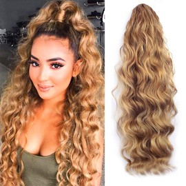 KETHBE 24 Inch Long Body Wave Ponytail hair Extension Synthetic Heat Resistant Wrap Around Drawstring Curly Wavy Ponytail Hairpieces for Women(Blonde Mix Brown)