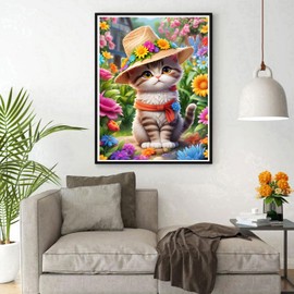 DPHERO DIY Cat in a Hat Diamond Painting Kits for Adults,5D Kitten Diamond Art Kits for Beginners,Round Full Drill Flowers Diamond Painting Art,DIY Painting by Numbers Diamond Art Painting 12x16 inch