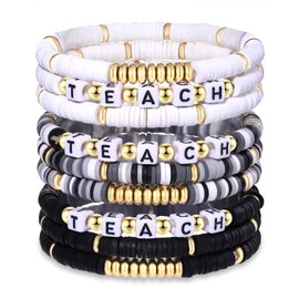 NLCAC 9 Pack Heishi Teacher Bracelets Stackable Rainbow Heishi Teach Beaded Stretchy Bracelet Preppy Jewelry Back to School Teacher Appreciation Gifts, not know