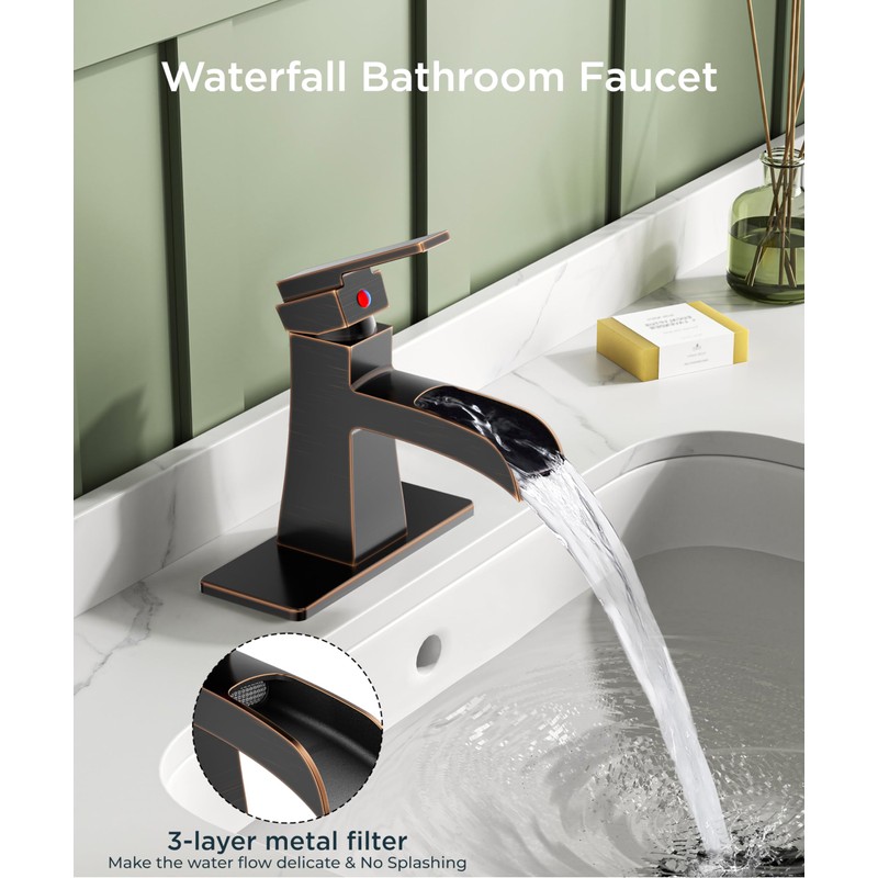 FORIOUS Bathroom Sink Faucet 1 Hole Waterfall One Handle Oil