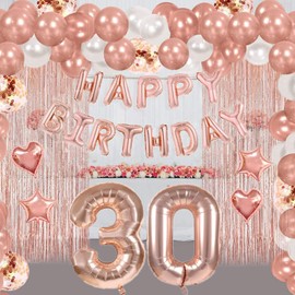 30th Rose Gold Happy Birthday Decorations Balloons for Women,70PCS Rose Gold Confetti Latex Balloons,Fringe Curtains,Happy Birthday Banner with Thirty Foil Number Balloons for 30 Years Old Birthday Party Supplies