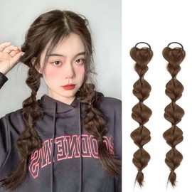 2 PCS Bubble Braided Ponytails Hair Extensions Synthetic Braid Wig with Elastic Hair Band Hairpieces for Women Girls DIY Daily Wear Hair Accessories (Light brown)