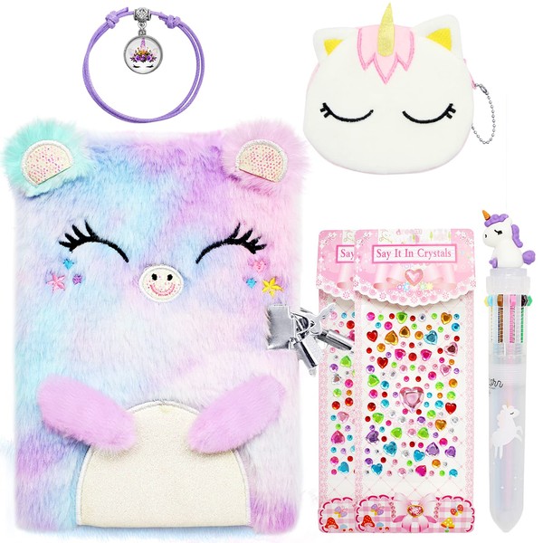 ICEBLUEOR Secret Diary with Lock for Girls, Plush Cat Journal Notebook Set with Unicorn Coin Purse/Pen/Bracelets/Crystal Heart Stickers, Cute Girls Birthday Gifts for Age at 6 7 8 9 10 Years Old