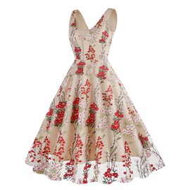 Plunge V Neck Floral Embroidery Dress for Women Embellished Illusion Neckline Sleeveless Embroidered Dress Casual A-line Tulle Flower Prom Dress 50s Vintage Cocktail Party Dress Apricot+Red Flower M