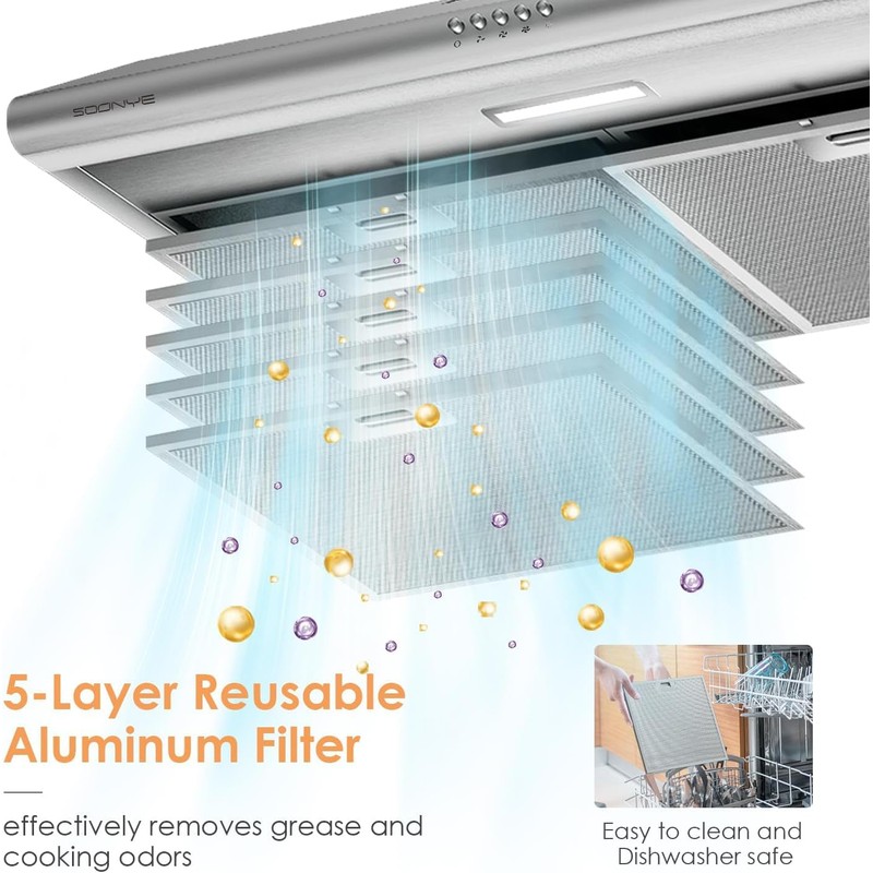 SOONYE 30 inch Stainless Steel Under Cabinet Range Hood, Slim