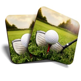 Great Coasters (Set of 2) Square/Glossy Quality Coasters/Tabletop Protection for Any Table Type - Golf Ball Sports #8801