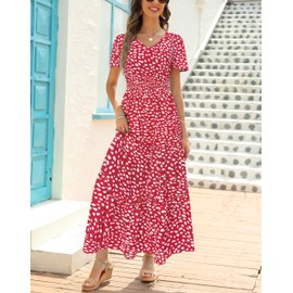 Zattcas Summer Maxi Dresses for Women 2025 Short Flutter Sleeve V Neck Smocked Waist Tiered Flowy Modest Boho Casual Long Floral Dress with Pockets Redwhite S