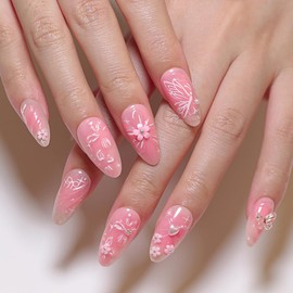 24 Pcs Spring Press on Nails Short Almond,YIHONGYAN Fake Nails Press ons 3D Flowers Butterfly Heart Shaped Design Pink Nail Tip Acrylic Kit Glue on Nails Full Cover False Nails Stick on Nails Woman