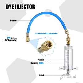 Tellegloww Oil and Dye Injector Kit 1/4 SAE with SAE R134a Oil Injector R1234yf Low Sid