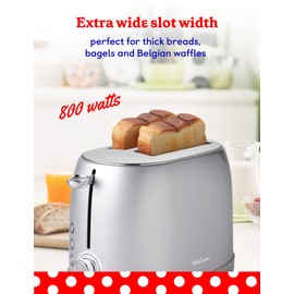 Betty Crocker 2-Slice Multi-Function Toaster, Toaster 2 Slice with Extra Wide Slots for Thick Bread, Bagel & Waffle, Toast Shade Control Dial, Slide Out Crumb Tray, Silver