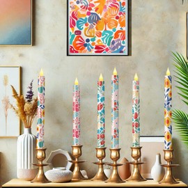 Nuanchu 6 Pcs Boho Flameless Candles 10. 6 Inch Floral Taper Candles Retro Flower Candlesticks LED Battery Operated Abstract Colorful Candlesticks for Home Farmhouse Holiday Birthday Decoration