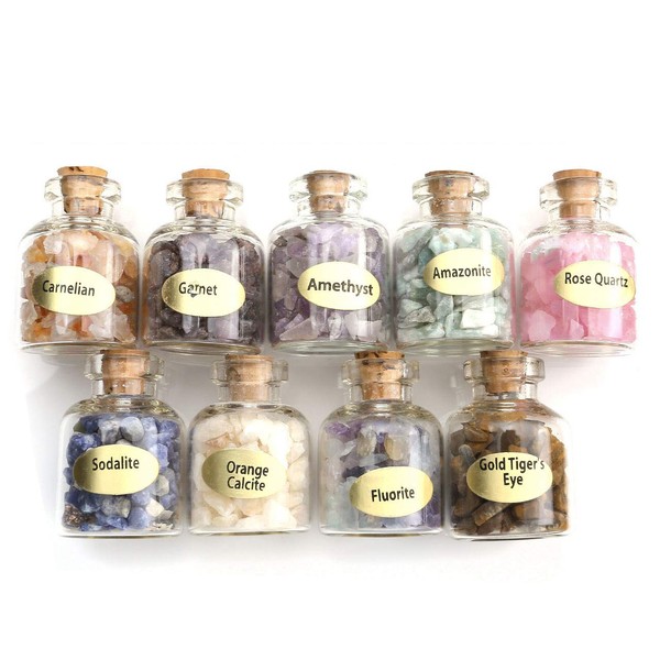 JOVIVI Pack of 9 Mini Crystals Wish Bottles Gemstone Tumbled Stones Chips Stone Collection Healing Reiki Feng Shui Decoration