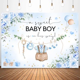 Withu Boy Baby Shower Backdrop Watercolor Blue Floral Flowers Leaves Boy's Clothes A Sweet Boy is On The Way Newborn Themed Party Decorations Banner Photography Background 7x5ft